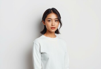 Fototapeta premium Photorealistic portrait of a female with neutral makeup and simple clothing