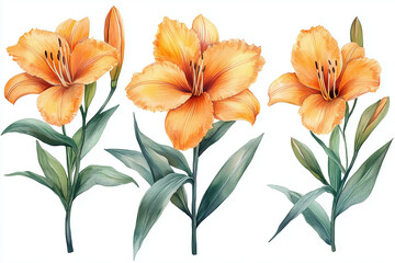 Fototapeta premium Set of Watercolor orange daylily. Illustration clipart isolated on white background.