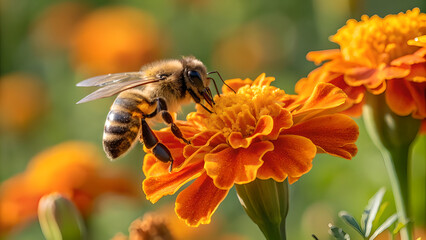 Bee Collecting Nectar on Orange Marigold Flower