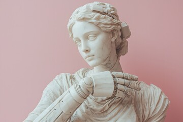 Marble sculpture of a woman with a modern bionic prosthetic arm. Generative AI.