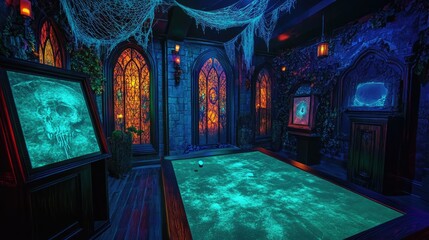 Enigmatic Gothic Chamber: Interactive Luminescent Surface, Mysterious Paintings, and Glowing Stained Glass Windows