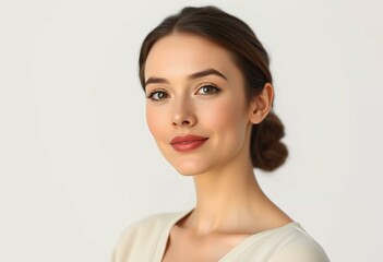 Softly lit portrait of a 30-year-old female with natural makeup and simple clothing