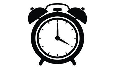 alarm clock silhouette, black and white vector icon, time management symbol, wake-up clock illustration, silhouette black and white alarm clock, classic retro clock design 
