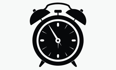 alarm clock silhouette, black and white vector icon, time management symbol, wake-up clock illustration, silhouette black and white alarm clock, classic retro clock design 