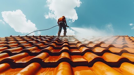 Professional cleaning service uses high pressure water to restore terracotta roof tiles on sunny day