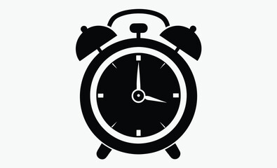 alarm clock silhouette, black and white vector icon, time management symbol, wake-up clock illustration, silhouette black and white alarm clock, classic retro clock design 
