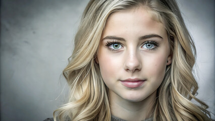 Naklejka premium A close-up portrait of a young woman with light blonde hair and expressive eyes.The model's gaze is direct and engaging, creating a connection with the viewer. 