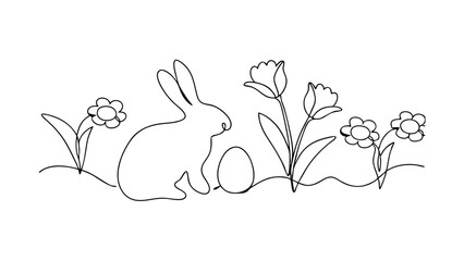 Simple line drawing of an Easter bunny sitting amidst spring flowers and an egg. Minimalist design, perfect for cards or decorations. Clean, elegant style.