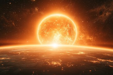 Breathtaking sunrise over the horizon with vibrant orange and yellow hues illuminating the atmosphere