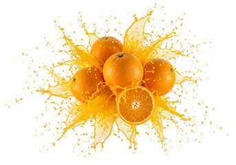 Oranges with slices and juice exploding on transparent background, Orange bursting with juice and pieces on png background