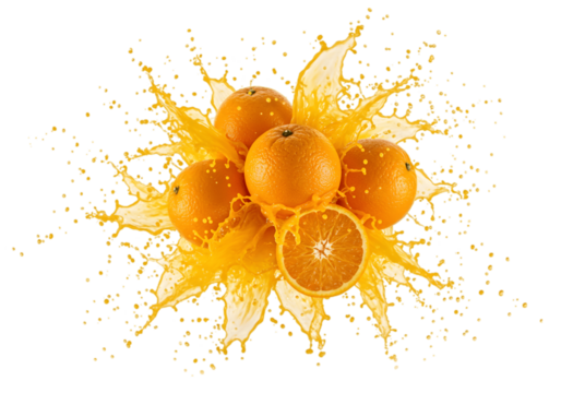 Oranges with slices and juice exploding on transparent background, Orange bursting with juice and pieces on png background