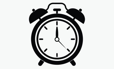 alarm clock silhouette, black and white vector icon, time management symbol, wake-up clock illustration, silhouette black and white alarm clock, classic retro clock design 