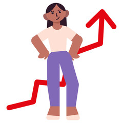 Confident woman staning in front of arrow going up, business concept