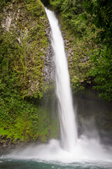 Obraz premium A tall, misty waterfall plunges into a pool surrounded by lush green vegetation..