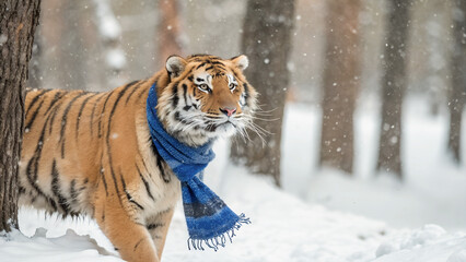 Naklejka premium A majestic tiger, adorned with a vibrant blue scarf, strolls through a snowy forest.Winter wonderland scene featuring a tiger in a blue scarf, amidst falling snow.