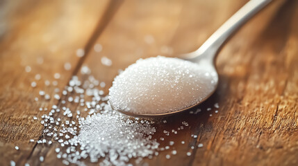 Artistic closeup of sugarfree sweetener spilling from a spoon onto a wooden surface, soft shadows, natural composition, highdetail realism