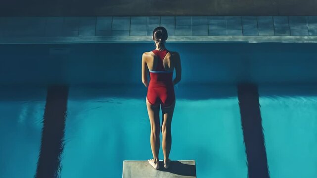 Diver prepares for an exhilarating jump into the deep blue pool during a training session at the local aquatic center