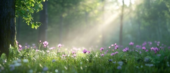 Obraz premium Sunlit forest meadow, pink flowers, misty background, nature serenity
