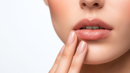 Fototapeta premium Closeup of a woman touching her lip, suffering from a painful cold sore, irritated skin, highdetail realism, neutral background