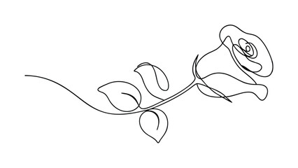 A minimalist line drawing of a single rose. The continuous line art style depicts the roses stem, leaves, and bloom elegantly. Simple, clean, and beautiful.
