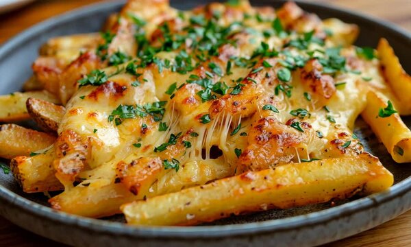 Delicious cheesy fries with melted cheese and fresh parsley for snack time
