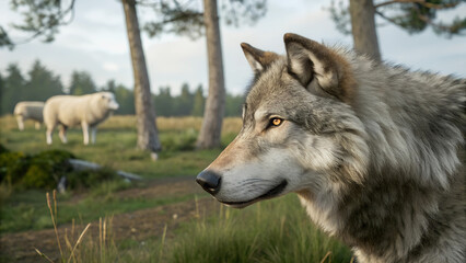 Obraz premium Close-up profile of a wolf, its amber eyes reflecting the morning light. The soft meadow grass and distant sheep create a serene backdrop.