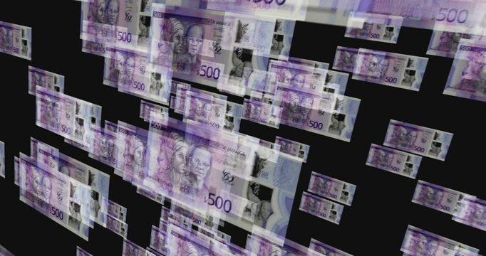 Jamaica dollar 500 JMD banknote loop. Flying between transparent money Jamaican note. 3D seamless looped abstract concept of business, economy, finance, crisis and banking.