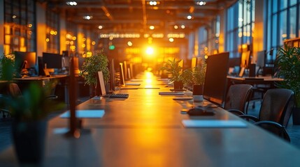 Serene Office Environment with Sunset Glow and Green Plants