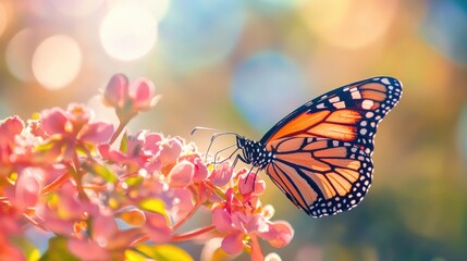 Fototapeta premium Sun-kissed butterfly wings on a bright blossom, reflecting women's day pride and earth day love