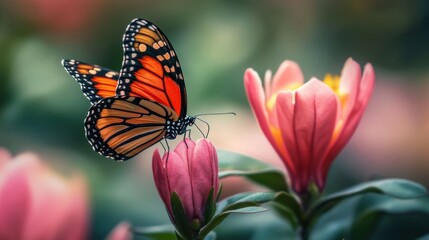 Obraz premium One bold butterfly on a solitary floral bud, embodying women's day strength and earth day care in nature protection