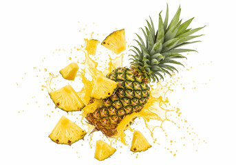 Pineapple explosion with juice and pieces in air isolated on transparent background, Exploding Pineapple with Splashing Juice, White Background, Fresh, Tropical Fruit, Pineapple, Splash,