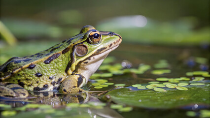 Fototapeta premium The frog's skin, a mosaic of greens and browns, blends seamlessly with the aquatic environment.A frog, perched on a lily pad, observes its surroundings in a tranquil pond.