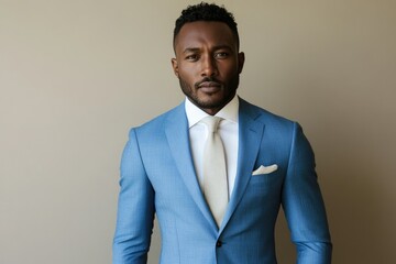 A well-dressed black man in a light blue suit and off-white tie.