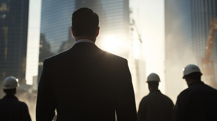 Powerful Executive Overseeing Construction Workers at a Skyscraper Site