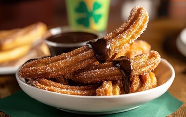 Flying cinnamon sugar churros with rich chocolate sauce drizzle St Patrick Day