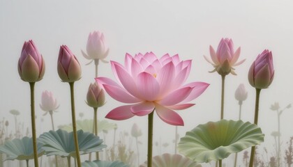 Blooming Pink Lotus Flowers and Buds in Misty Light Background