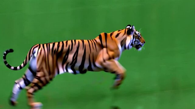 3D running loop animations of a realistic giant tiger with cycle side view on chroma key, 4k wild tiger run rendering on green screen background, a long tail, and orange fur with black and stripes.