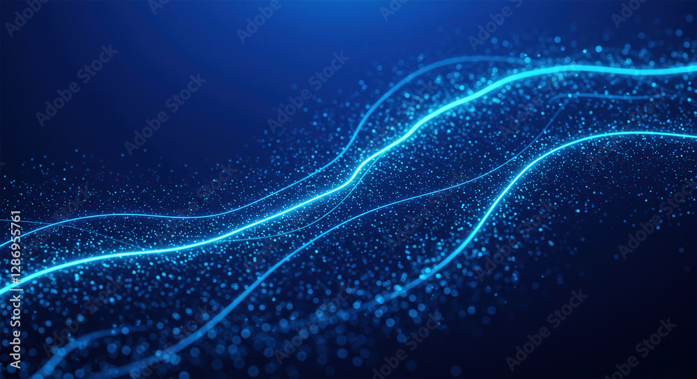 Fototapete background with glowing royal blue color and periwinkle color lines, particles of data flowing in th