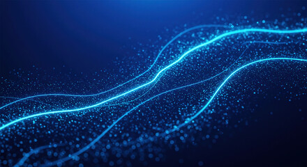 Background with glowing Royal blue color  and Periwinkle color lines, particles of data flowing in the air.
