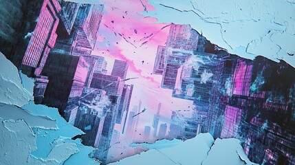 Torn iridescent papers interwoven with digital pixelated patterns