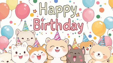 Naklejka premium Cheerful Kawaii Style Animals Celebrating with Balloons for a Happy Birthday Card Design