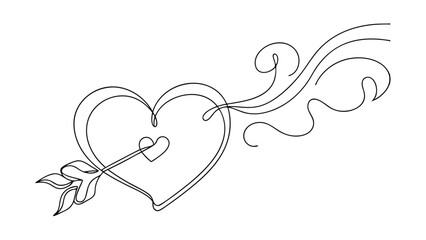 Oneline Drawing Heart Pierced by Cupids Arrow, Swirling Design