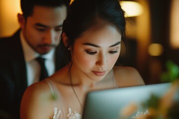 A bride and groom look at a laptop together, possibly planning their wedding.