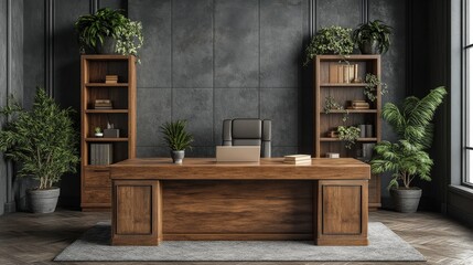 Elegant Modern Office Interior Design with Green Plants and Desk