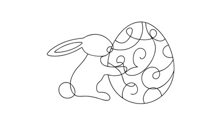 Adobe Illustrator A simple line drawing of an Easter bunny delicately holding a large, intricately decorated egg. The image is minimalist and evocative of springtime and the Easter holiday.