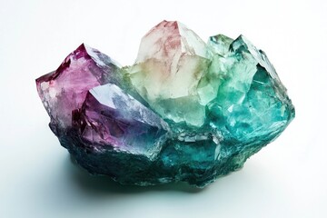 Obraz premium A stunning fluorite cluster showcasing vibrant hues of purple, green, and clear, forming a captivating gemstone.