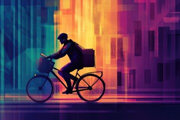 A delivery person on a bicycle rides through a vibrant, stylized cityscape at night.