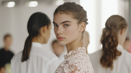 Fototapeta premium A glamorous runway show with elite models and backstage workers
