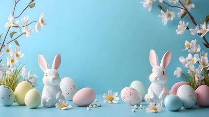 Bunnies sit among pastel eggs and flowers, creating a festive atmosphere for Easter