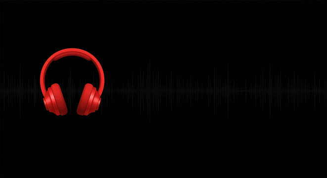 Horizontal banner with Scarlet color Podcast headphones and waveform black color background, copy space.